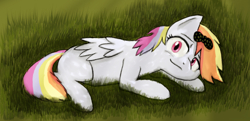 Size: 934x451 | Tagged: safe, artist:themightycoolblender, rainbow dash, pegasus, pony, lying, ribbon, solo