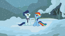 Size: 1024x564 | Tagged: safe, artist:rebron-y, rainbow dash, soarin', pegasus, pony, clothes, female, male, scarf, shipping, snow, snowfall, soarindash, straight, vest