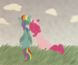 Size: 1280x1069 | Tagged: safe, artist:shovelchin, derpibooru import, pinkie pie, rainbow dash, earth pony, pegasus, pony, female, lesbian, pinkiedash, shipping