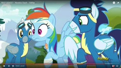 Size: 1600x900 | Tagged: safe, derpibooru import, screencap, misty fly, rainbow dash, silver lining, silver zoom, soarin', pegasus, pony, newbie dash, bandage, discovery family logo, out of context, wonderbolts uniform, youtube