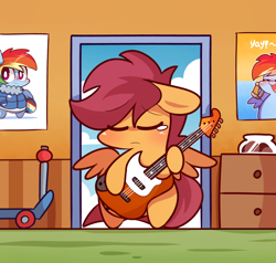 Size: 860x820 | Tagged: safe, artist:php56, rainbow dash, scootaloo, pegasus, pony, artception, bass guitar, chibi, crying, floppy ears, guitar, musical instrument, sad, scootabass, scootasad, scooter, solo, teary eyes