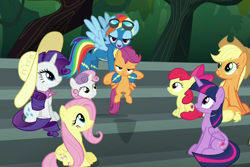 Size: 990x662 | Tagged: safe, derpibooru import, screencap, apple bloom, applejack, fluttershy, rainbow dash, rarity, scootaloo, sweetie belle, twilight sparkle, twilight sparkle (alicorn), alicorn, earth pony, pegasus, pony, unicorn, newbie dash, cutie mark, cutie mark crusaders, female, filly, goggles, holding a pony, mare, out of context, the cmc's cutie marks, wonderbolts uniform