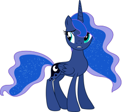 Size: 5981x5420 | Tagged: safe, artist:illumnious, edit, editor:slayerbvc, princess luna, alicorn, pony, accessory-less edit, barehoof, female, looking back, mare, missing accessory, simple background, solo, transparent background, vector, vector edit, worried