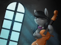 Size: 1355x1000 | Tagged: safe, artist:lightning-stars, octavia melody, earth pony, pony, bipedal, cello, dust motes, eyes closed, female, mare, musical instrument, playing, solo, window