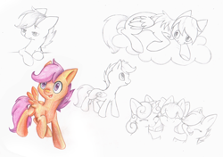 Size: 758x534 | Tagged: safe, artist:lightning-stars, apple bloom, scootaloo, sweetie belle, g4, cloud, cutie mark crusaders, simple background, sketch