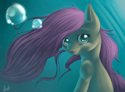 Size: 1573x1166 | Tagged: dead source, safe, artist:lightning-stars, fluttershy, pegasus, pony, g4, bubble, solo, underwater, watershy
