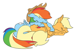 Size: 1038x710 | Tagged: safe, artist:justdayside, derpibooru import, applejack, rainbow dash, earth pony, pegasus, pony, appledash, female, hooves, lesbian, shipping, sleeping, unshorn fetlocks