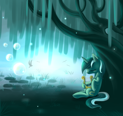 Size: 1066x1000 | Tagged: safe, artist:lightning-stars, lyra heartstrings, g4, eyes closed, glow, lyre, musical instrument, solo, tree