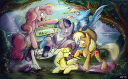 Size: 1024x640 | Tagged: safe, artist:mad--munchkin, derpibooru import, applejack, fluttershy, pinkie pie, rainbow dash, rarity, twilight sparkle, twilight sparkle (alicorn), alicorn, earth pony, pegasus, pony, unicorn, crying, everypony in this town is crazy, female, forest, gritted teeth, mane six, mane six opening poses, mare, scene interpretation, title drop, tongue out, unamused, watermark