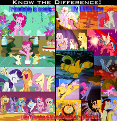 Size: 1018x1053 | Tagged: safe, artist:elfman83ml, derpibooru import, edit, edited screencap, screencap, applejack, bow tie (g1), bright eyes, dazzleglow, fluttershy, lickety split, masquerade (g1), meadowlark, megan williams, moondancer (g1), pinkie pie, pound cake, pumpkin cake, rainbow dash, rarity, sweetheart, twilight sparkle, wind whistler, alicorn, dragon, earth pony, pegasus, pony, unicorn, g1, g4, my little pony 'n friends, my little pony tales, rescue at midnight castle, chains, cheval, collar, colt, female, filly, foal, know the difference, male, mare, padlock, satire, stratadon, stratodon, tied up, vine