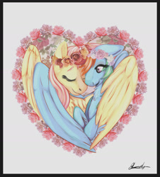 Size: 1280x1416 | Tagged: safe, artist:coreytrippin, derpibooru import, fluttershy, rainbow dash, pegasus, pony, female, floral head wreath, flutterdash, heart, hug, lesbian, shipping, winghug