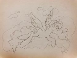 Size: 4032x3024 | Tagged: safe, artist:papersurgery, princess luna, alicorn, pony, cloud, female, looking at you, lying down, lying on a cloud, mare, monochrome, on a cloud, sketch, solo, traditional art