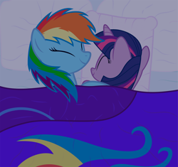 Size: 4000x3757 | Tagged: safe, artist:galekz, rainbow dash, twilight sparkle, pegasus, pony, bed, female, lesbian, messy mane, shipping, sleeping, twidash