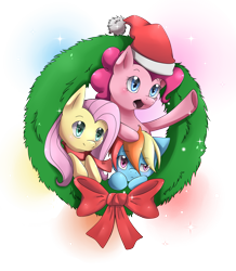 Size: 1276x1465 | Tagged: safe, artist:lightning-stars, fluttershy, pinkie pie, rainbow dash, earth pony, pegasus, pony, g4, clothes, hat, santa hat, scarf, trio, wreath