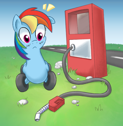 Size: 976x1000 | Tagged: safe, anonymous artist, artist:adequality, color edit, derpibooru import, edit, rainbow dash, original species, :<, car, colored, frown, gas pump, gasoline, implied insertion, refueling, solo, species swap, wheelpone, wide eyes