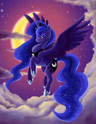 Size: 1280x1657 | Tagged: safe, artist:millyd13, princess luna, alicorn, pony, cloud, female, flying, mare, moon, night, repaint, solo, spread wings, wings