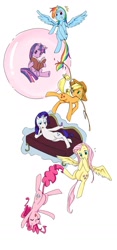 Size: 730x1561 | Tagged: safe, artist:ya0427, derpibooru import, applejack, fluttershy, pinkie pie, rainbow dash, rarity, twilight sparkle, earth pony, pegasus, pony, unicorn, book, flying, mane six, pile, rope, sofa, suspended