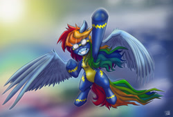 Size: 4272x2894 | Tagged: safe, artist:dinodraketakethecake, derpibooru import, rainbow dash, pegasus, pony, newbie dash, absurd resolution, flying, goggles, grin, solo, wonderbolts uniform