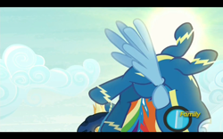 Size: 1280x800 | Tagged: safe, derpibooru import, screencap, rainbow dash, spitfire, pegasus, pony, newbie dash, backbend, discovery family logo, wonderbolts uniform