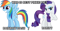 Size: 869x444 | Tagged: safe, derpibooru import, rainbow dash, rarity, pegasus, pony, unicorn, newbie dash, the gift of the maud pie, behaving like pinkie pie, duo, implied pinkie pie, simple background, text, white background