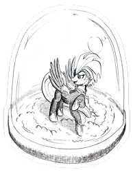 Size: 1024x1317 | Tagged: safe, artist:mozakiaeolus, rainbow dash, zapp, pegasus, pony, power ponies (episode), clothes, costume, monochrome, power ponies, snow globe, solo, traditional art