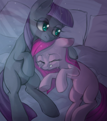 Size: 670x759 | Tagged: safe, artist:lightning-stars, maud pie, pinkie pie, earth pony, pony, bed, crying, equestria's best big sister, pinkamena diane pie, sad, solace