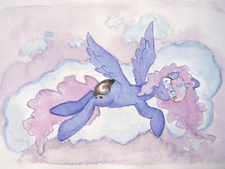 Size: 4032x3024 | Tagged: safe, artist:papersurgery, princess luna, alicorn, pony, cloud, female, looking at you, lying down, lying on a cloud, mare, on a cloud, solo, traditional art, watercolor painting