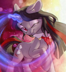 Size: 997x1092 | Tagged: safe, artist:lightning-stars, oc, oc only, oc:flydry, pony, unicorn, ascot, bowtie, colored pupils, ear fluff, female, floppy ears, looking at you, magic, magic aura, mare, one eye closed, raised hoof, solo, wink