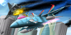 Size: 2950x1440 | Tagged: safe, artist:pak-faace1234, rainbow dash, pegasus, pony, ace combat, dogfight, f-15s+, fire, manehattan, mig-29, smoke