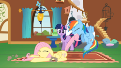 Size: 992x557 | Tagged: safe, screencap, fluttershy, rainbow dash, twilight sparkle, pegasus, pony, dragon quest, drag, dragging, tail bite, tail pull