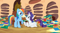 Size: 1054x592 | Tagged: safe, screencap, rainbow dash, rarity, pegasus, pony, unicorn, dragon quest, female, horn, mare