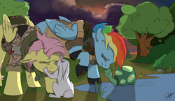 Size: 1280x741 | Tagged: safe, artist:rutkotka, derpibooru import, angel bunny, fluttershy, rainbow dash, tank, pegasus, pony, alternate timeline, clothes, crystal war timeline, farewell, sad, soldiers, sunset, uniform, valiant hearts, war