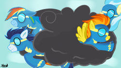 Size: 1280x720 | Tagged: safe, artist:jbond, derpibooru import, misty fly, rainbow dash, soarin', spitfire, pegasus, pony, newbie dash, cloud, stormcloud, wonderbolts, wonderbolts uniform