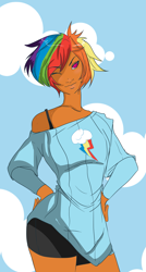 Size: 1693x3157 | Tagged: safe, artist:xdestinystudios, rainbow dash, human, clothes, compression shorts, dark skin, humanized, off shoulder, solo, wink