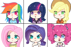 Size: 1800x1200 | Tagged: safe, artist:jadelaunders, derpibooru import, applejack, fluttershy, pinkie pie, rainbow dash, rarity, twilight sparkle, chibi, humanized, mane six