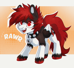 Size: 1000x915 | Tagged: safe, artist:lightning-stars, oc, oc only, oc:umbra moon, pegasus, pony, cheek fluff, chest fluff, fangs, fluffy, folded wings, leg fluff, open mouth, rawr, smiling, solo, standing, unshorn fetlocks