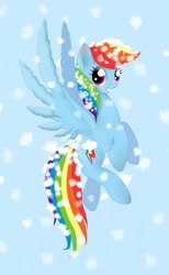 Size: 1233x2000 | Tagged: safe, artist:freedomfly, rainbow dash, pegasus, pony, female, flying, looking at you, mare, smiling, snow, snowfall, solo, spread wings, wings, winter