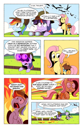 Size: 1280x1978 | Tagged: safe, artist:karzahnii, fluttershy, rainbow dash, spike, twilight sparkle, dragon, pegasus, pony, g3.5, apron, binoculars, clothes, comic, g3.5 to g4, generation leap, observer, tales from ponyville, whimsey weatherbe