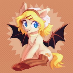 Size: 1000x1000 | Tagged: safe, artist:lightning-stars, oc, oc only, oc:sweet magic, bat pony, pony, bat pony oc, fangs, female, looking at you, mare, smiling, solo, spread wings, wings