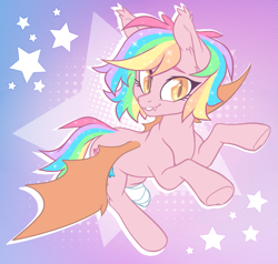 Size: 985x939 | Tagged: safe, artist:lightning-stars, oc, oc only, oc:paper stars, bat pony, pony, amputee, art trade, bandage, bat pony oc, female, looking at you, mare, multicolored hair, smiling, solo, stump