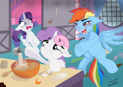 Size: 1280x905 | Tagged: safe, artist:gavalanche, rainbow dash, rarity, sweetie belle, pegasus, pony, unicorn, belly button, cooking, crying, dashaholic, drunk, drunker dash, feather, implied scootabuse, this will end in fire, this will end in tears and/or breakfast