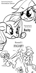 Size: 632x1264 | Tagged: safe, artist:gavalanche, rainbow dash, rarity, scootaloo, pegasus, pony, unicorn, belly button, comic, martial artist rarity, martial arts, monochrome