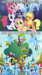 Size: 730x1306 | Tagged: safe, derpibooru import, applejack, fluttershy, pinkie pie, rainbow dash, rarity, twilight sparkle, earth pony, pegasus, pony, unicorn, brony, dashstorm, image macro, mane six opening poses, multeity, perspective, stock vector, the rainbow dash show