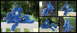 Size: 4020x1754 | Tagged: safe, artist:peruserofpieces, princess luna, alicorn, pony, beanie (plushie), female, horn, irl, looking at you, mare, photo, plushie, prone, solo, tree, wings