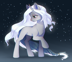 Size: 3000x2609 | Tagged: safe, artist:lightning-stars, oc, oc only, oc:amelie, pony, braid, braided tail, chromatic aberration, head turn, lidded eyes, looking away, looking down, multiple horns, night, raised hoof, solo, stars