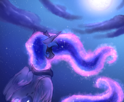 Size: 1458x1200 | Tagged: safe, artist:b(r)at, princess luna, alicorn, pony, blue coat, cloud, crown, horn, jewelry, moon, night, rear view, regalia, sitting, solo, wings