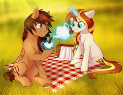 Size: 3000x2327 | Tagged: safe, artist:lightning-stars, oc, oc only, pegasus, pony, unicorn, basket, chromatic aberration, cup, duo, female, food, grass, male, mare, picnic, picnic basket, picnic blanket, shipping fuel, stallion, tea, teacup, teapot