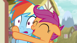 Size: 1280x720 | Tagged: safe, derpibooru import, screencap, rainbow dash, scootaloo, pegasus, pony, newbie dash, cute, cutealoo, eyes closed, female, filly, floppy ears, hug, mare, open mouth, shrunken pupils, smiling