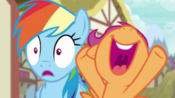 Size: 1280x720 | Tagged: safe, derpibooru import, screencap, rainbow dash, scootaloo, pegasus, pony, newbie dash, nose in the air, open mouth, volumetric mouth, wide eyes