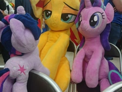Size: 960x720 | Tagged: safe, artist:nekokevin, starlight glimmer, sunset shimmer, twilight sparkle, human, pony, unicorn, 4de, bedroom eyes, chair, female, irl, irl human, life size, photo, plushie, sitting, size difference, smiling